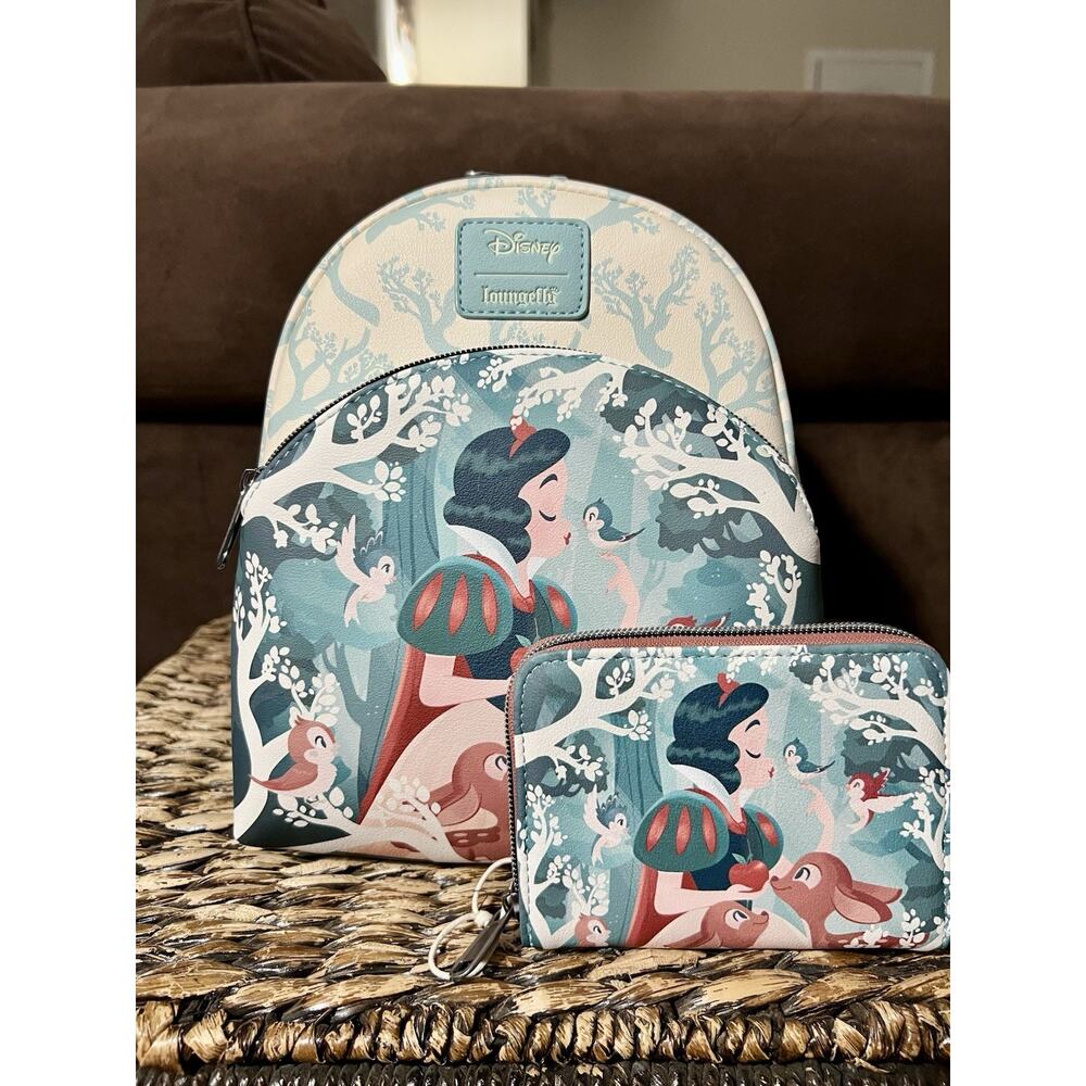 NEW Loungefly Disney Snow White Forest Animals Mini Backpack Wallet Set